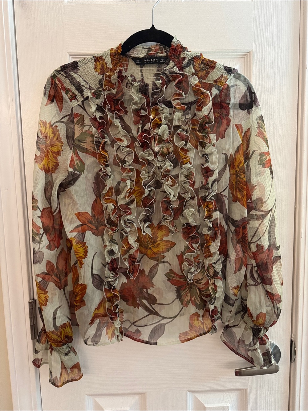 ZARA Floral Ruffle Sheer Blouse Size Large